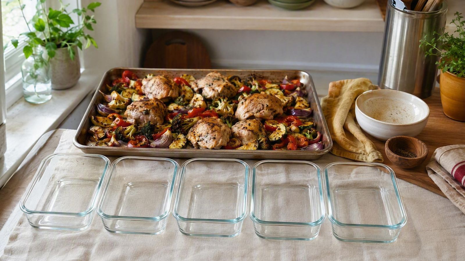 Sheet pan of roasted chicken and vegetables next to five empty glass containers lined up