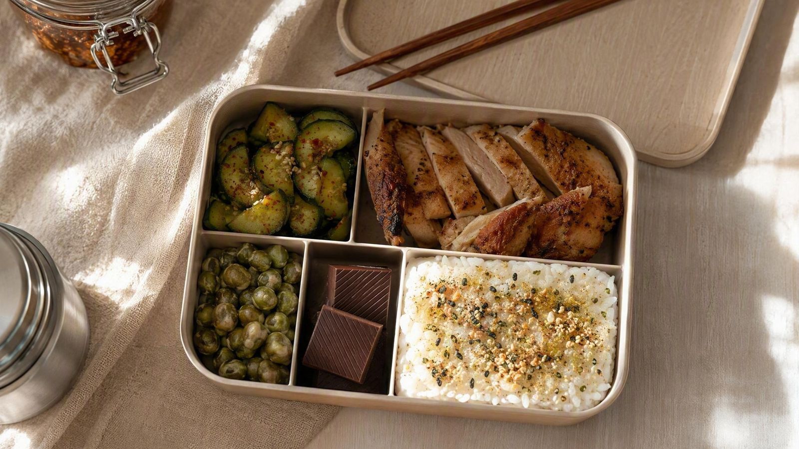 Adult bento box with five compartments of chicken, rice, cucumbers, wasabi peas and dark chocolate