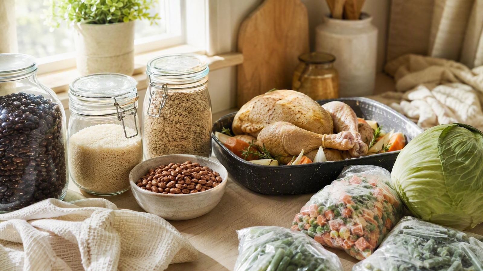 Budget cooking staples: jars of dried beans, rice and oats, a whole chicken and bagged frozen vegetables