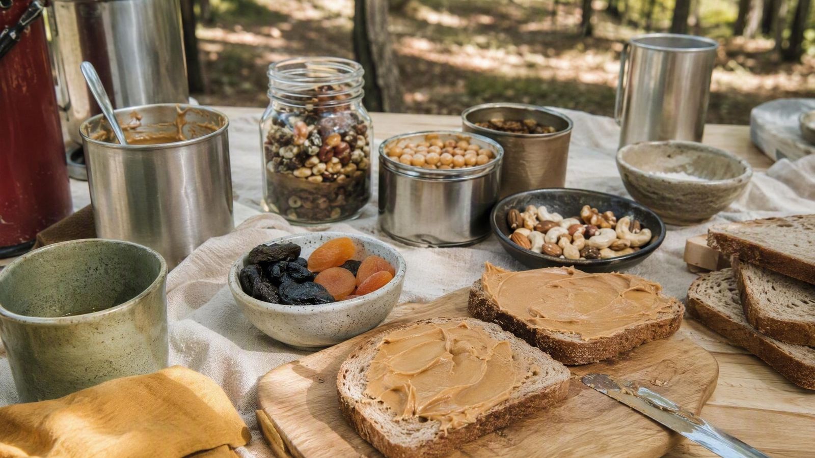 No-cook camping meal on a picnic table: peanut butter sandwiches, dried fruit, nuts and canned goods