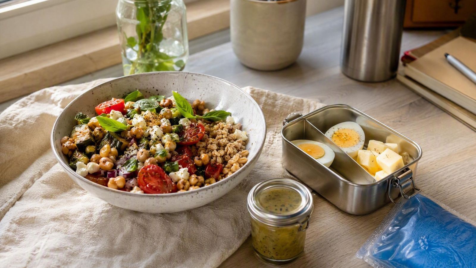 Cold lunch spread with a grain bowl, protein box of eggs and cheese, and dressing in a small sealed jar