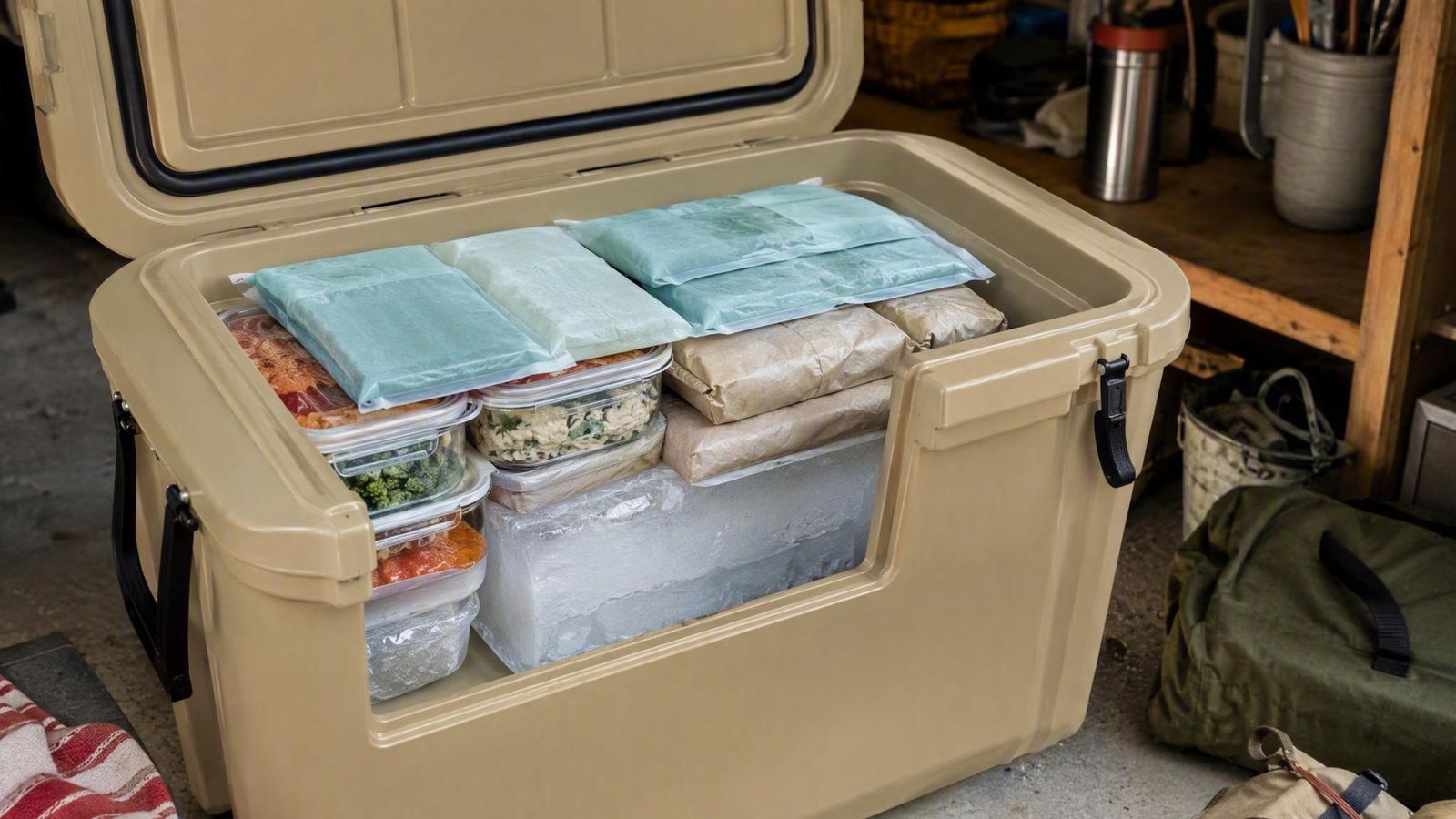 Open cooler packed in layers with block ice at the bottom, sealed containers above and gel packs on top