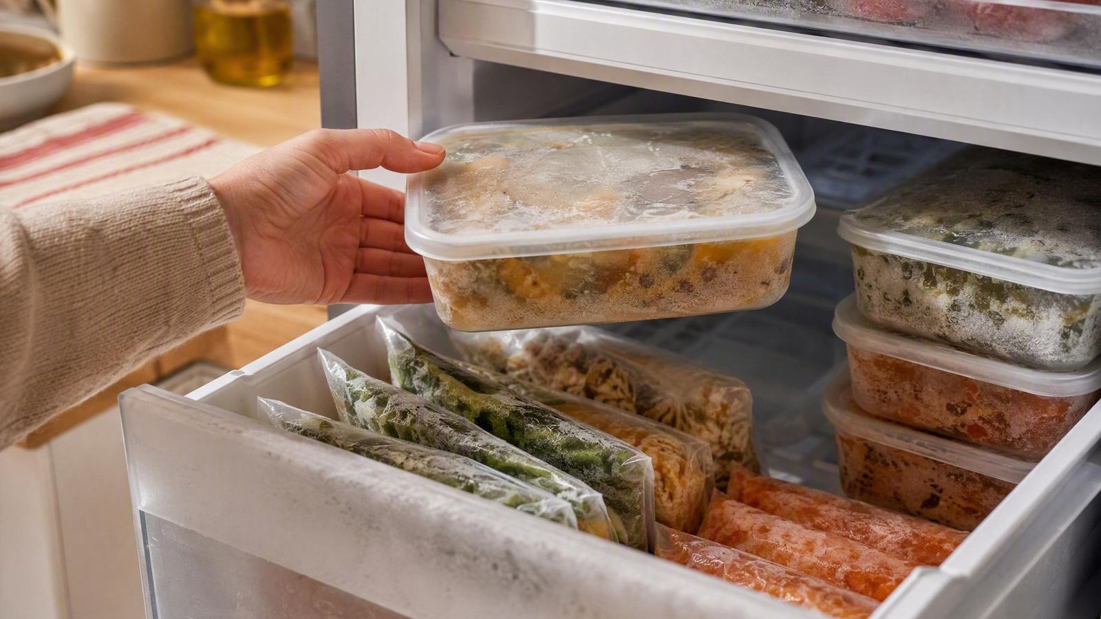 Freezer drawer with flat frozen meal bags and stacked containers, one being placed