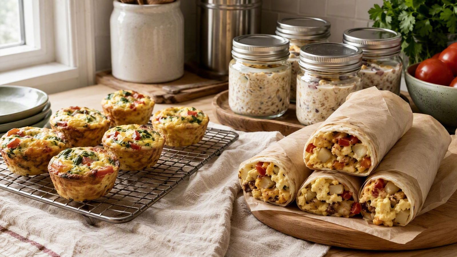 Countertop line of egg muffin cups, wrapped breakfast burritos and lidded oat jars