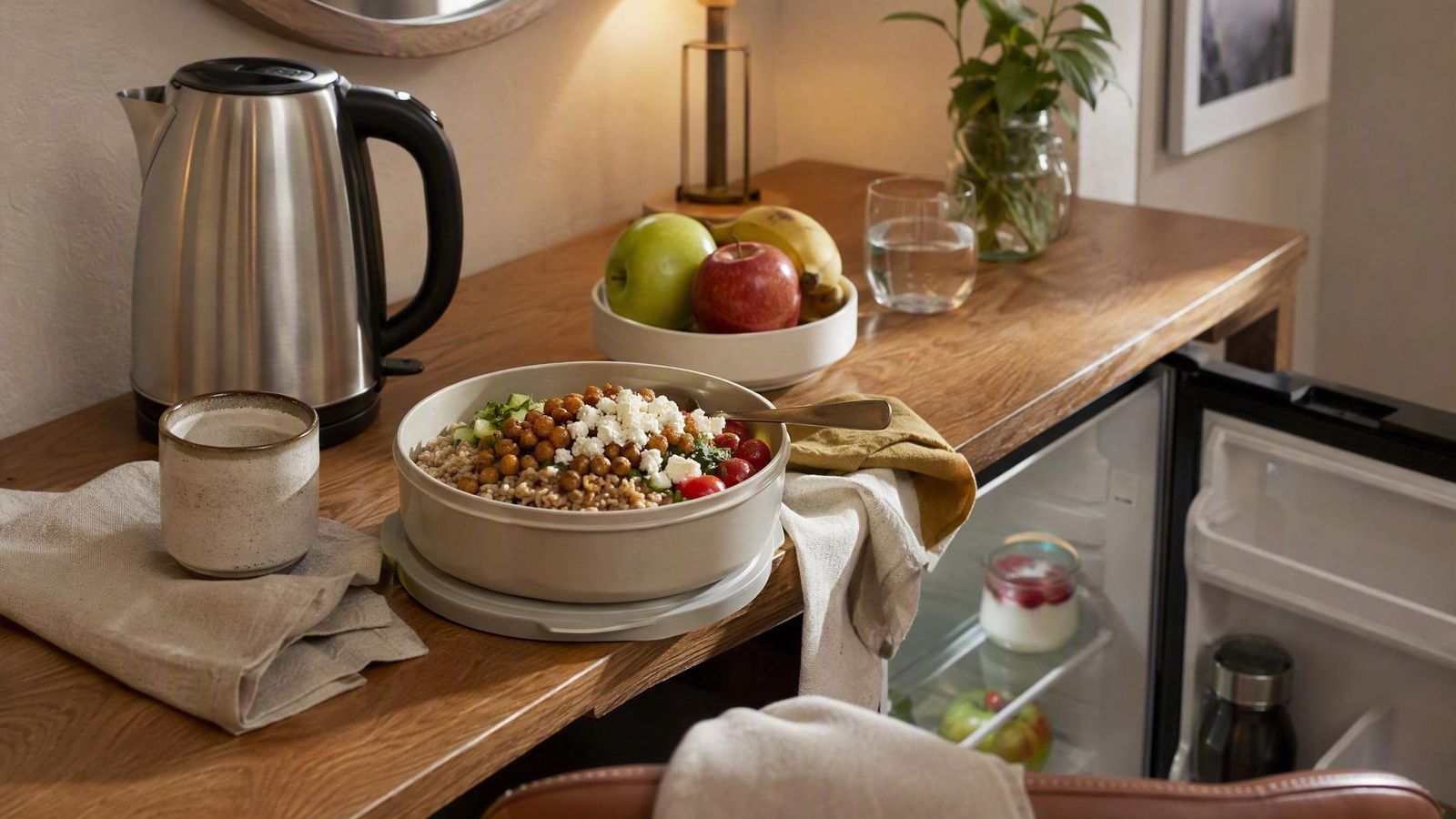 Hotel desk meal setup with kettle, assembled grain bowl, fruit and yogurt beside an open mini fridge