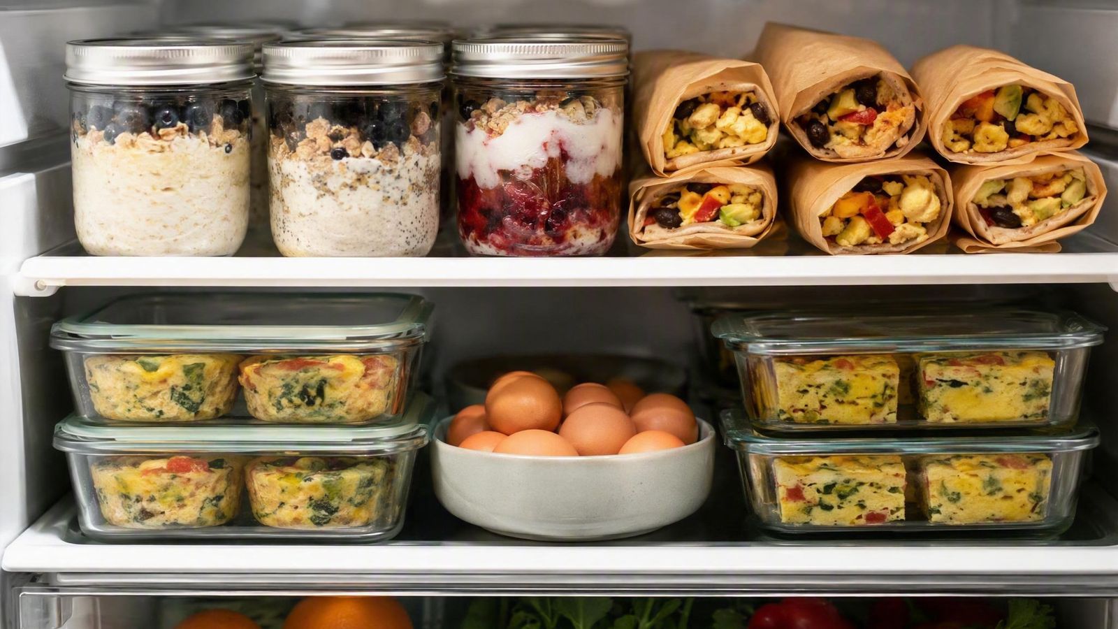 Fridge shelf with rows of wrapped breakfast burritos, oat jars and egg bites in containers