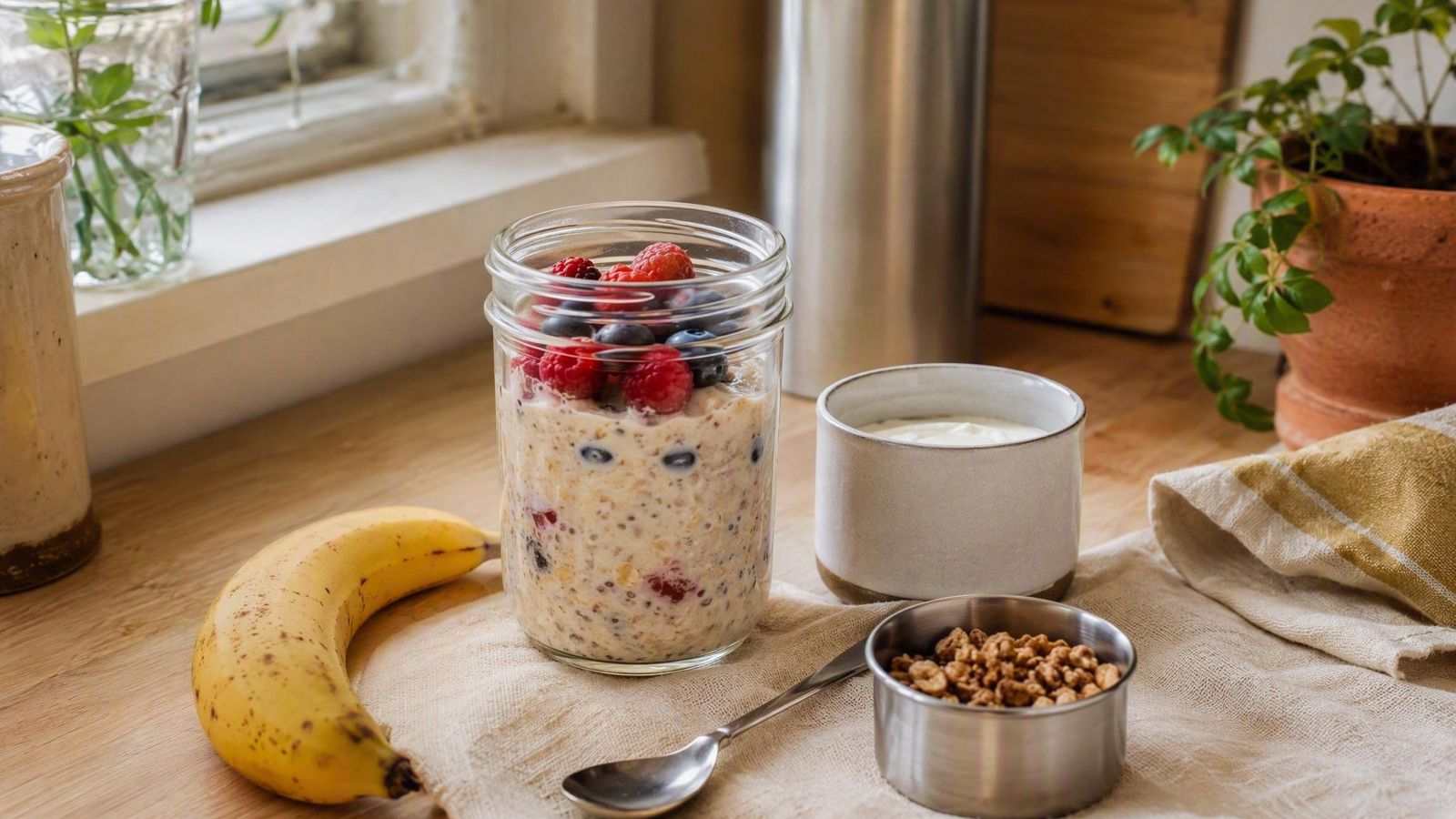 No-cook breakfast of an oats jar with berries, yogurt with granola on the side and a banana