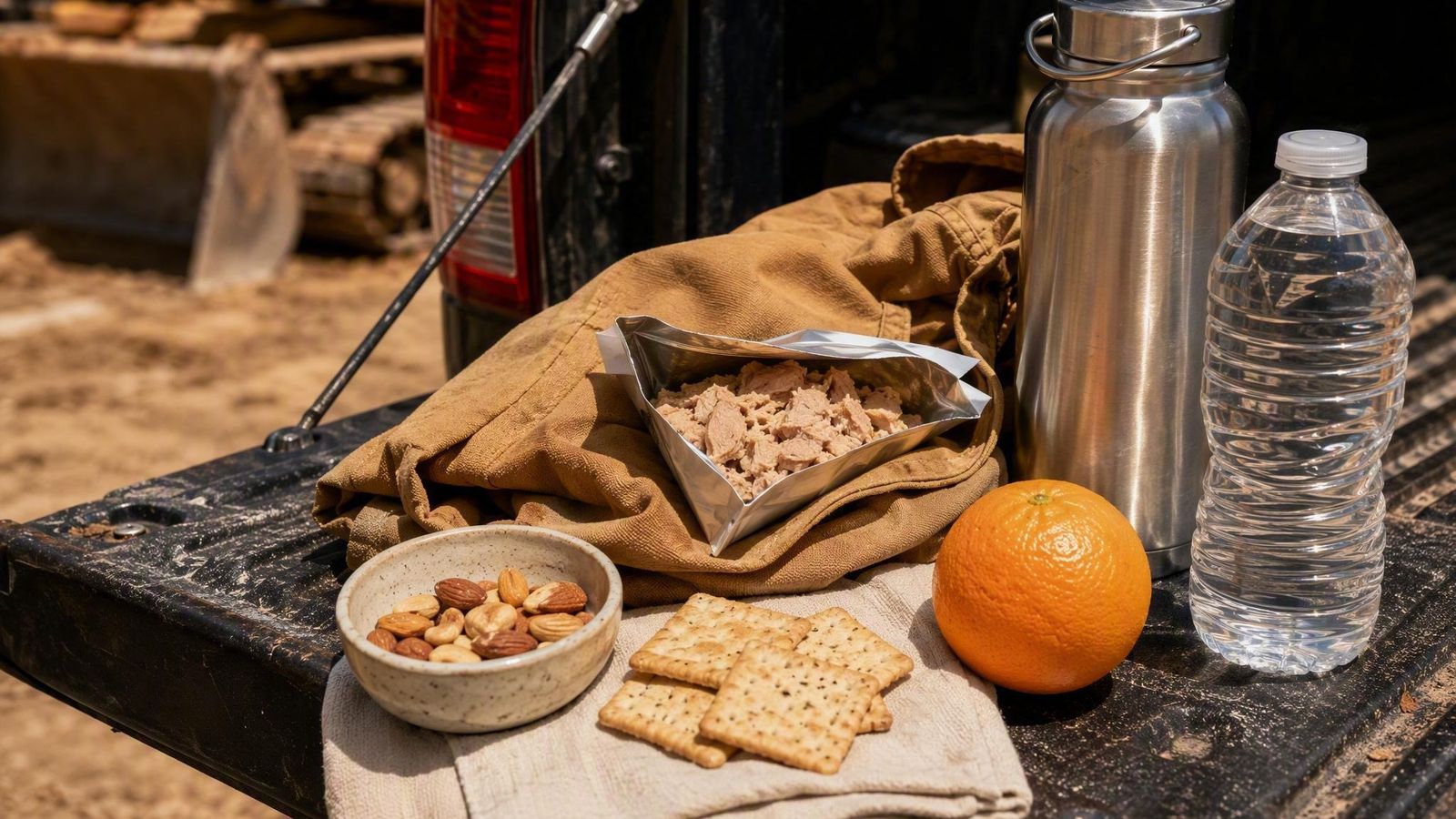 No-refrigeration lunch of a tuna pouch, crackers, orange and nuts laid on a truck tailgate
