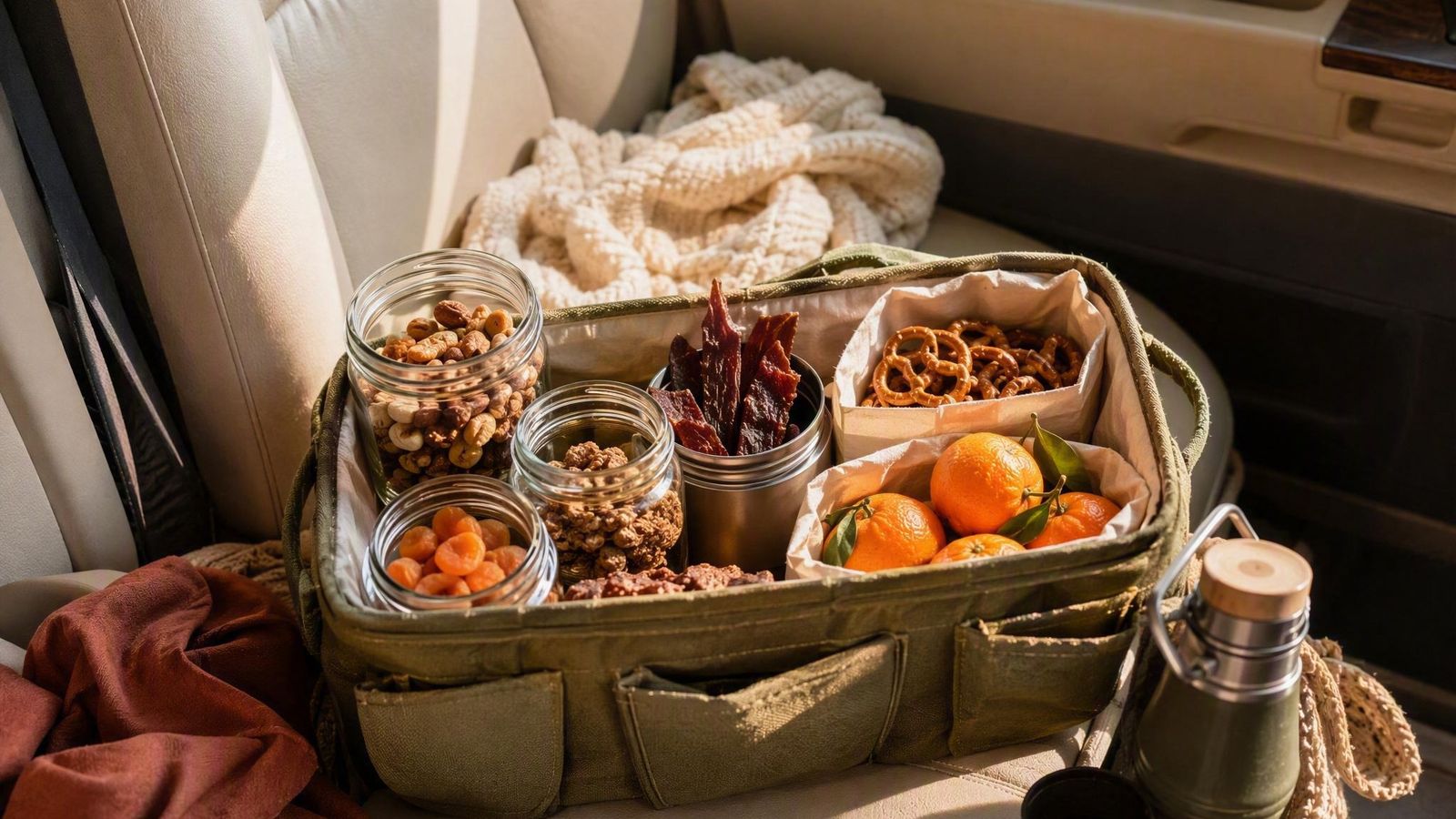 Car seat organizer with heat-tolerant snacks: nuts, dried fruit, jerky, pretzels and clementines