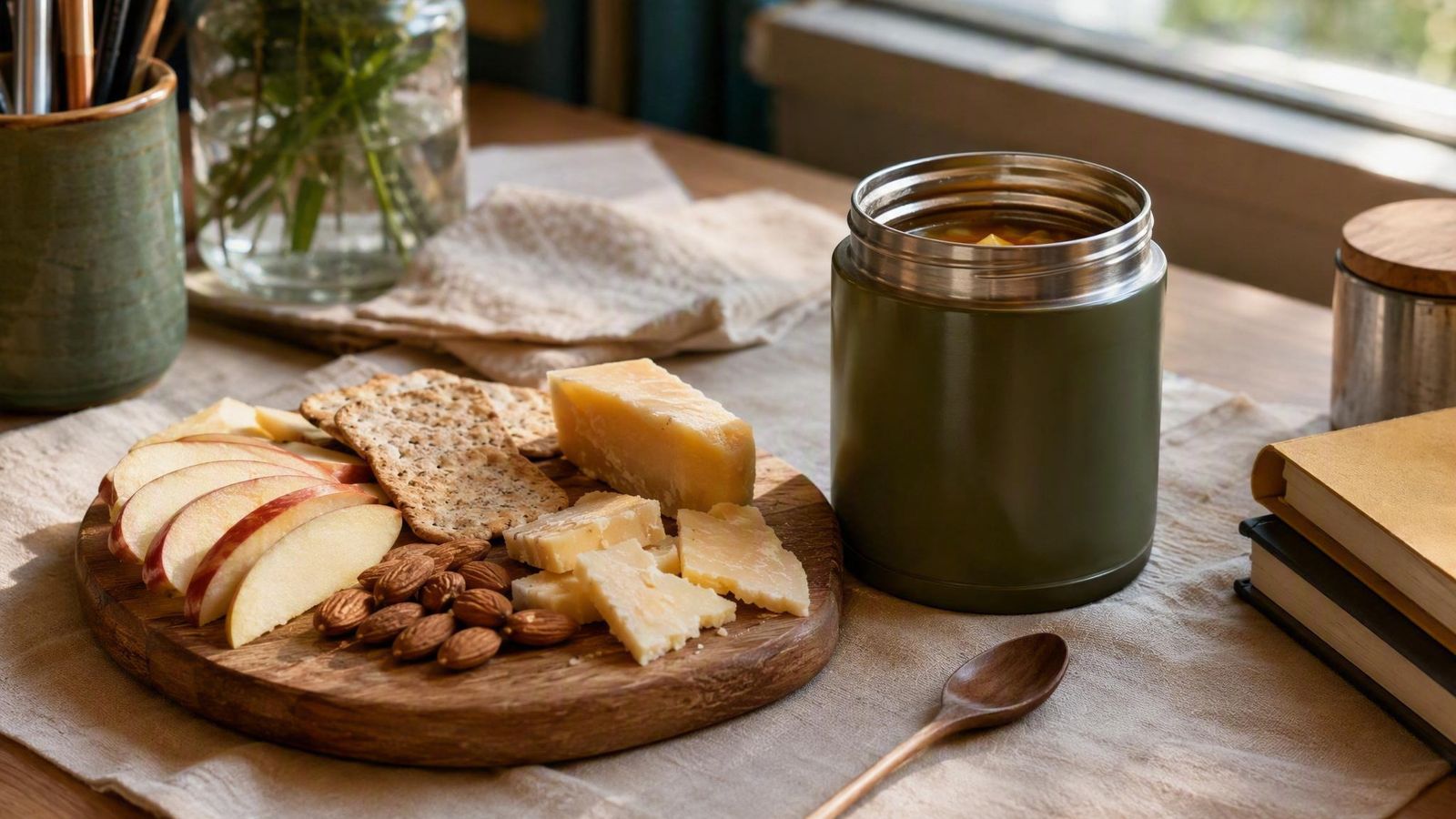 Board-style room-temperature lunch of cheese, crackers, apple and nuts beside a small food jar on a desk
