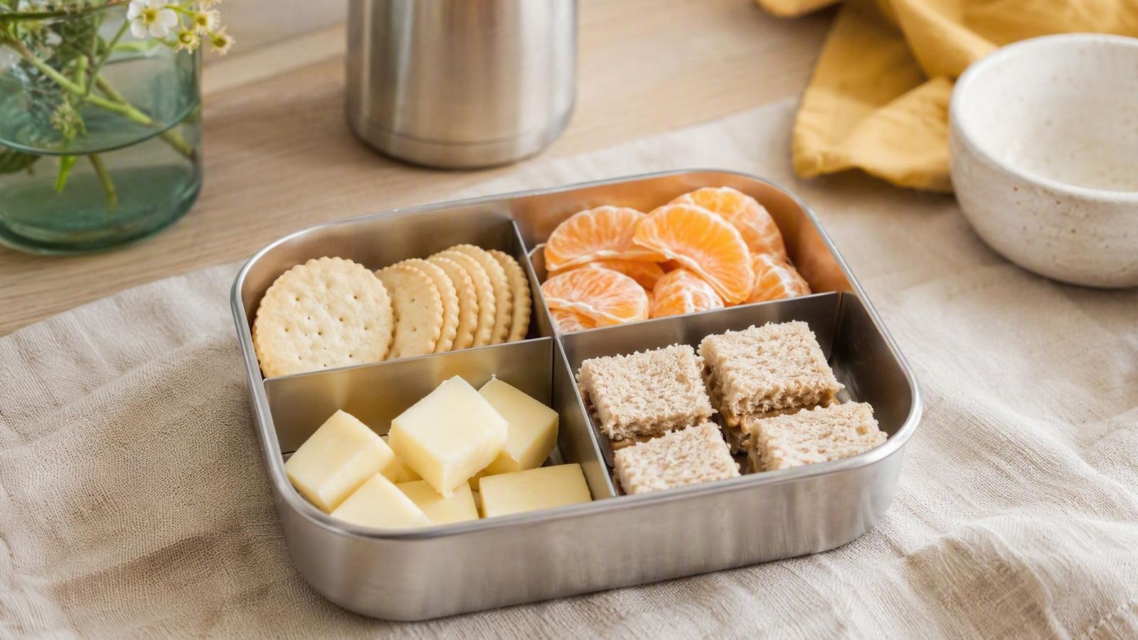Simple lunchbox for a picky eater with crackers, cheese cubes, clementine segments and a small sandwich