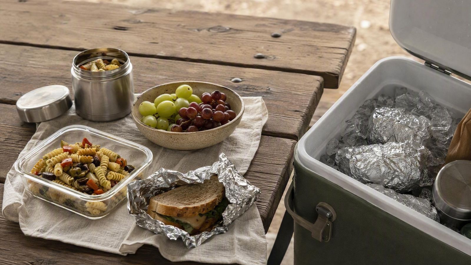 Rest-stop meal of wrapped sandwiches, pasta salad and grapes beside an open cooler with ice