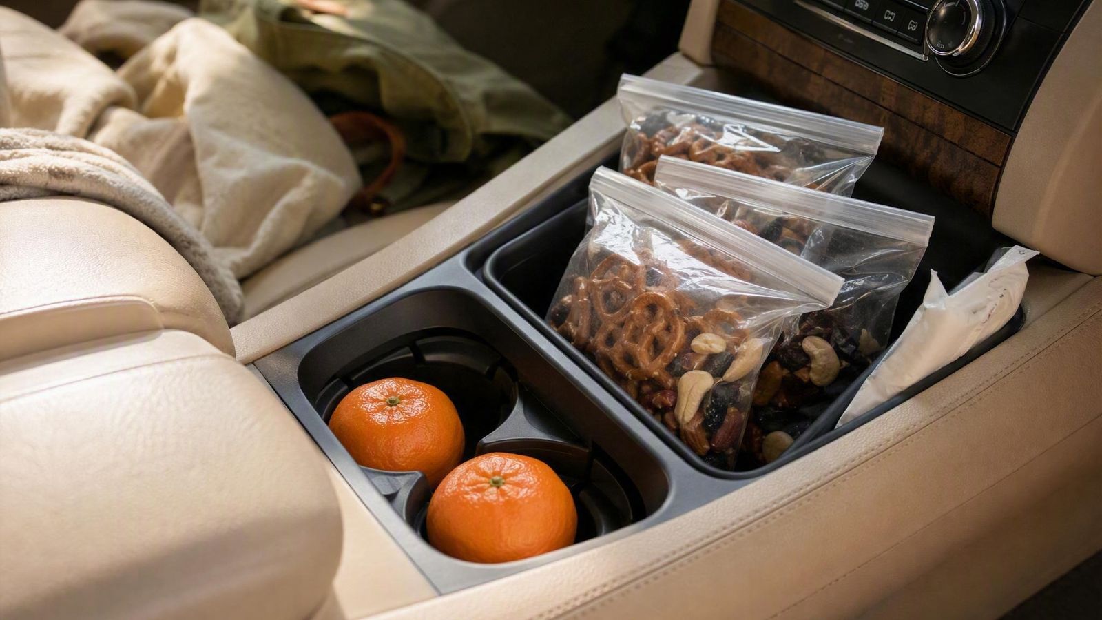 Car center console with portioned snack bags, clementines in the cupholder and wipes tucked beside