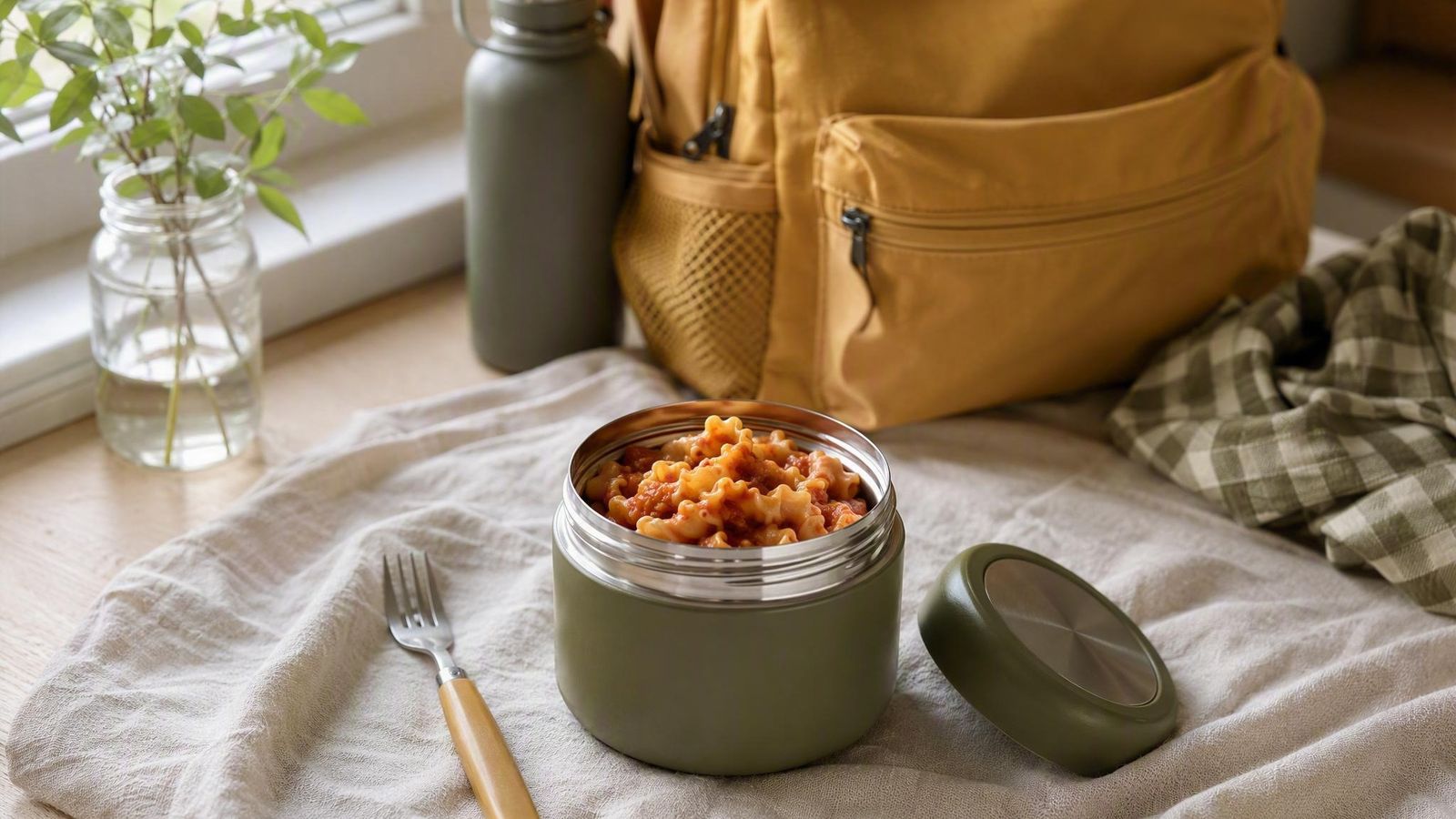Kid-size food jar of warm pasta with a small fork, backpack and water bottle in the background