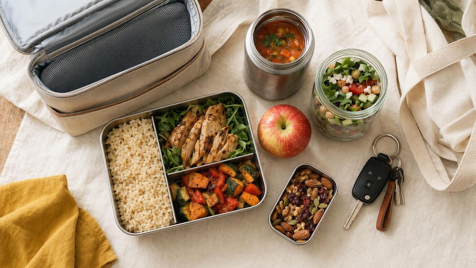 Overhead view of a packed lunch kit: insulated bag, bento box, food jar, jar salad, fruit and snacks laid out on cream linen