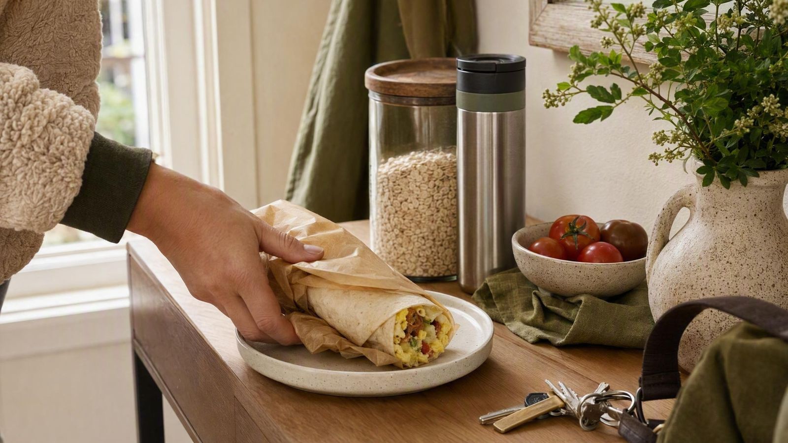 Hand reaching for a wrapped breakfast burrito on an entry table beside an oats jar and travel mug