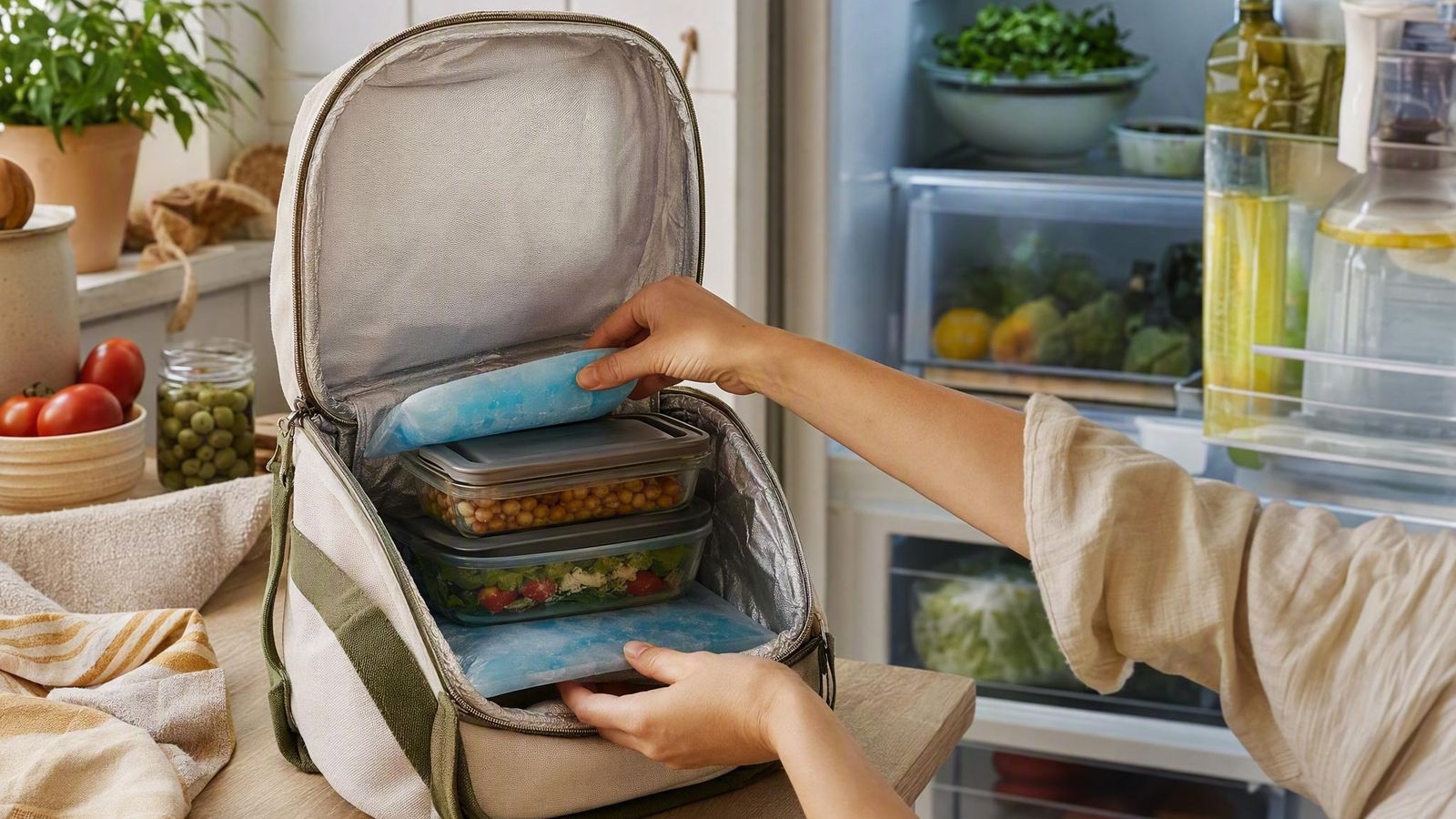 Insulated lunch bag being packed with gel packs above and below food containers next to an open refrigerator