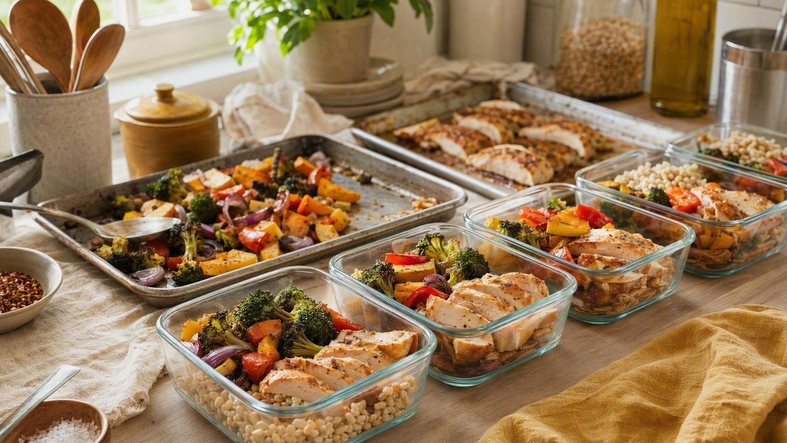 Glass meal prep containers being filled with grains, roasted vegetables and chicken on a bright counter