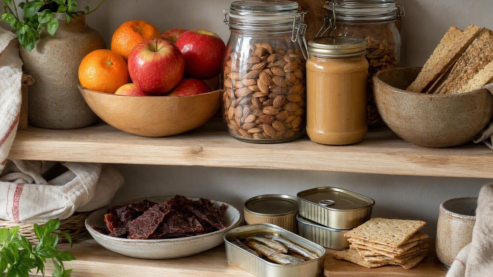 Pantry shelf still life of whole fruit, nut jars, crackers, canned fish and jerky that need no refrigeration