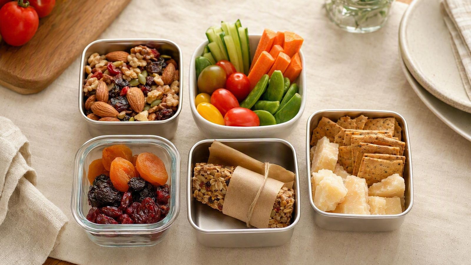 Grid of small snack containers with trail mix, cut vegetables, crackers, cheese, dried fruit and a wrapped bar