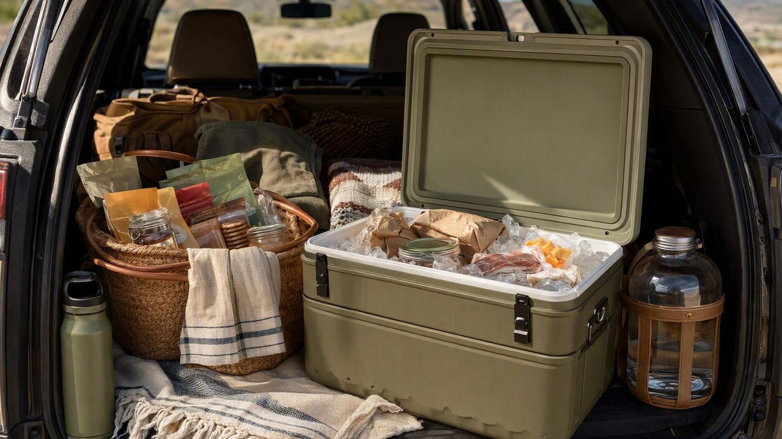 Car trunk packed with an open cooler of iced food and a basket of shelf-stable road trip snacks