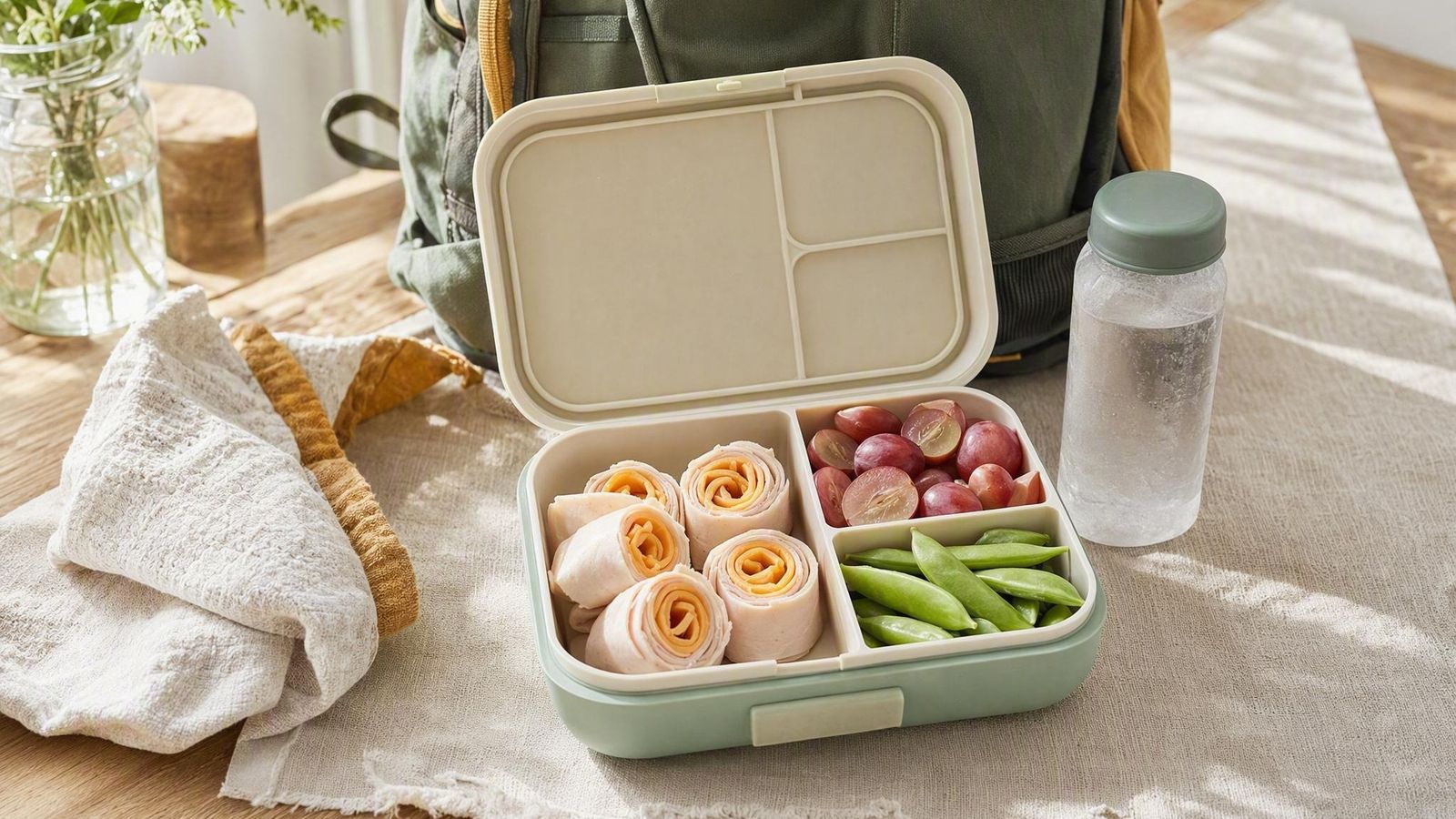 Open school lunchbox with roll-ups, grapes, snap peas and pretzels, a frozen water bottle beside it and a backpack behind