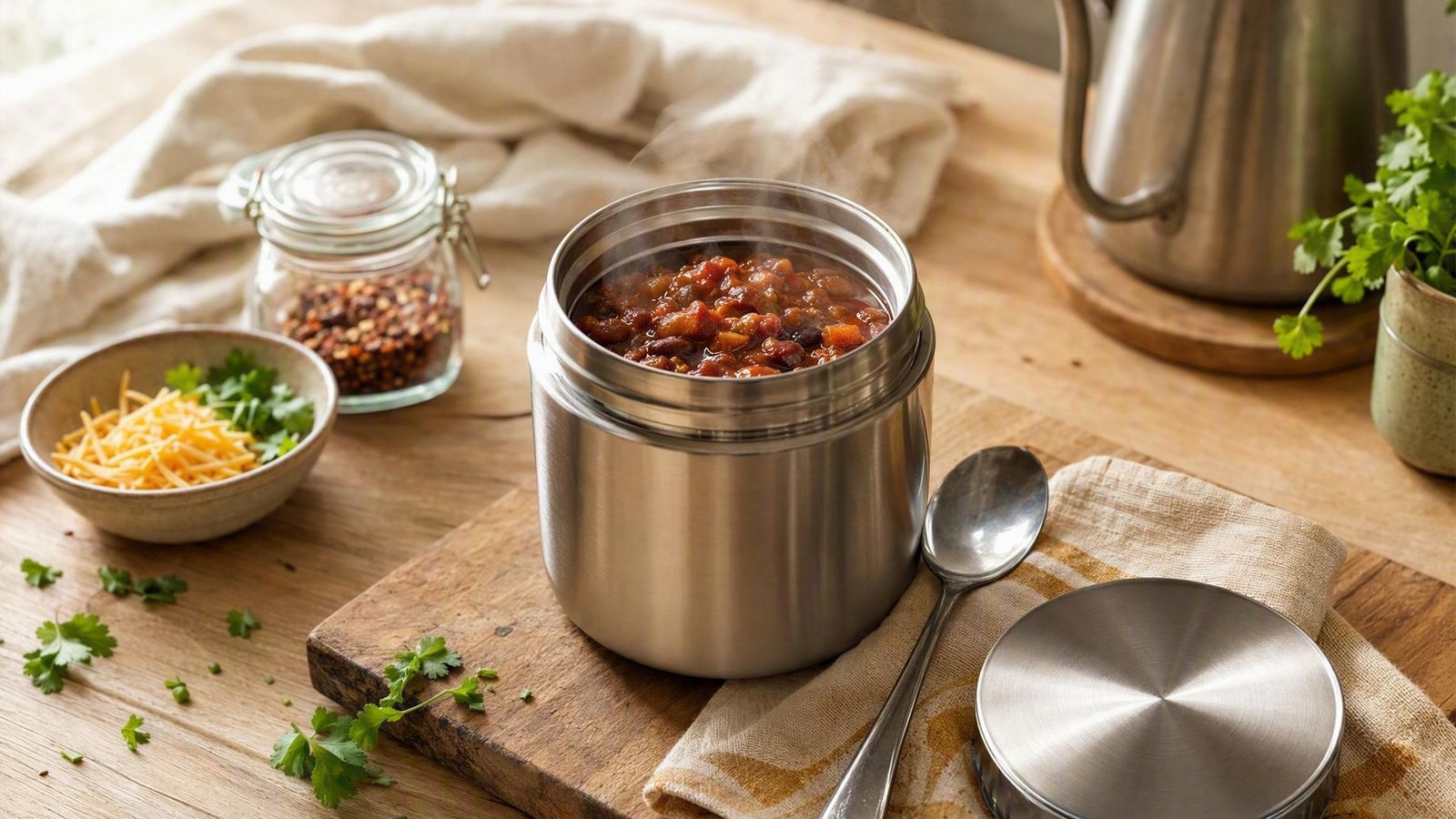 Open stainless food jar with steaming chili, spoon and napkin beside it and a kettle in the background