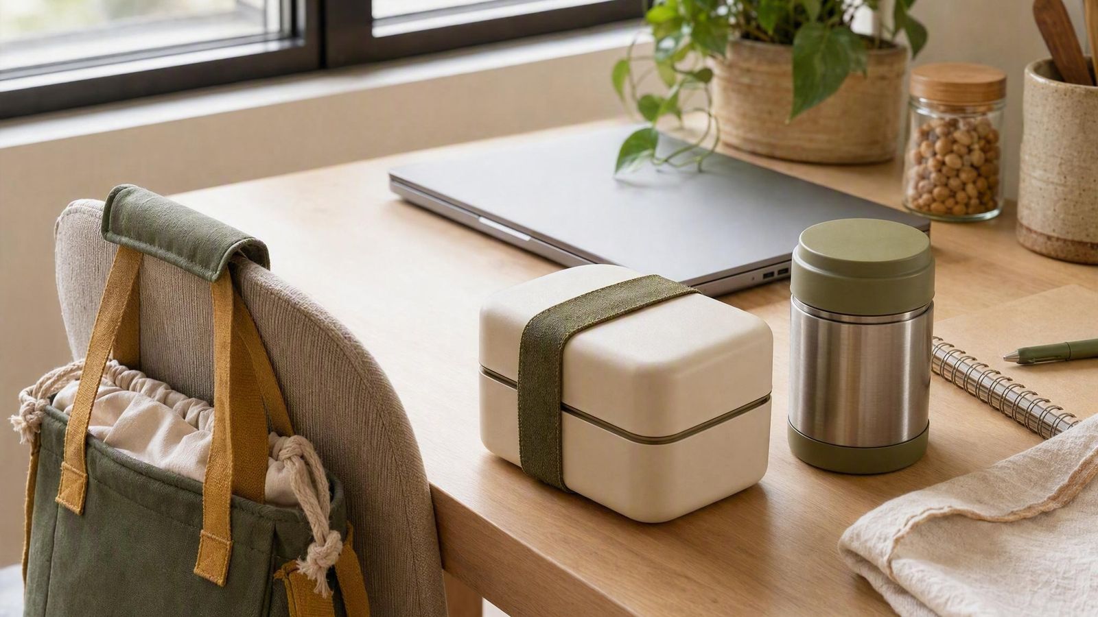 Bento box and thermos on an office desk beside a laptop, with an insulated lunch bag on the chair