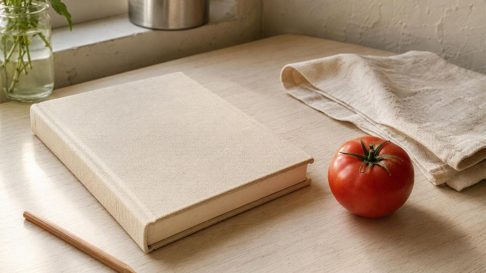 Minimal still life of a notebook, pencil, tomato and folded napkin on a pale desk