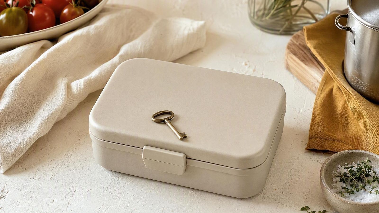 Closed lunchbox with a small brass key resting on top against a cream background