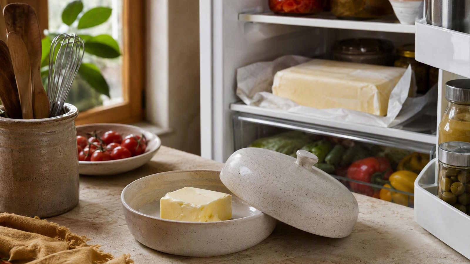 Covered butter dish with a small portion on the counter and the wrapped block stored in the fridge behind