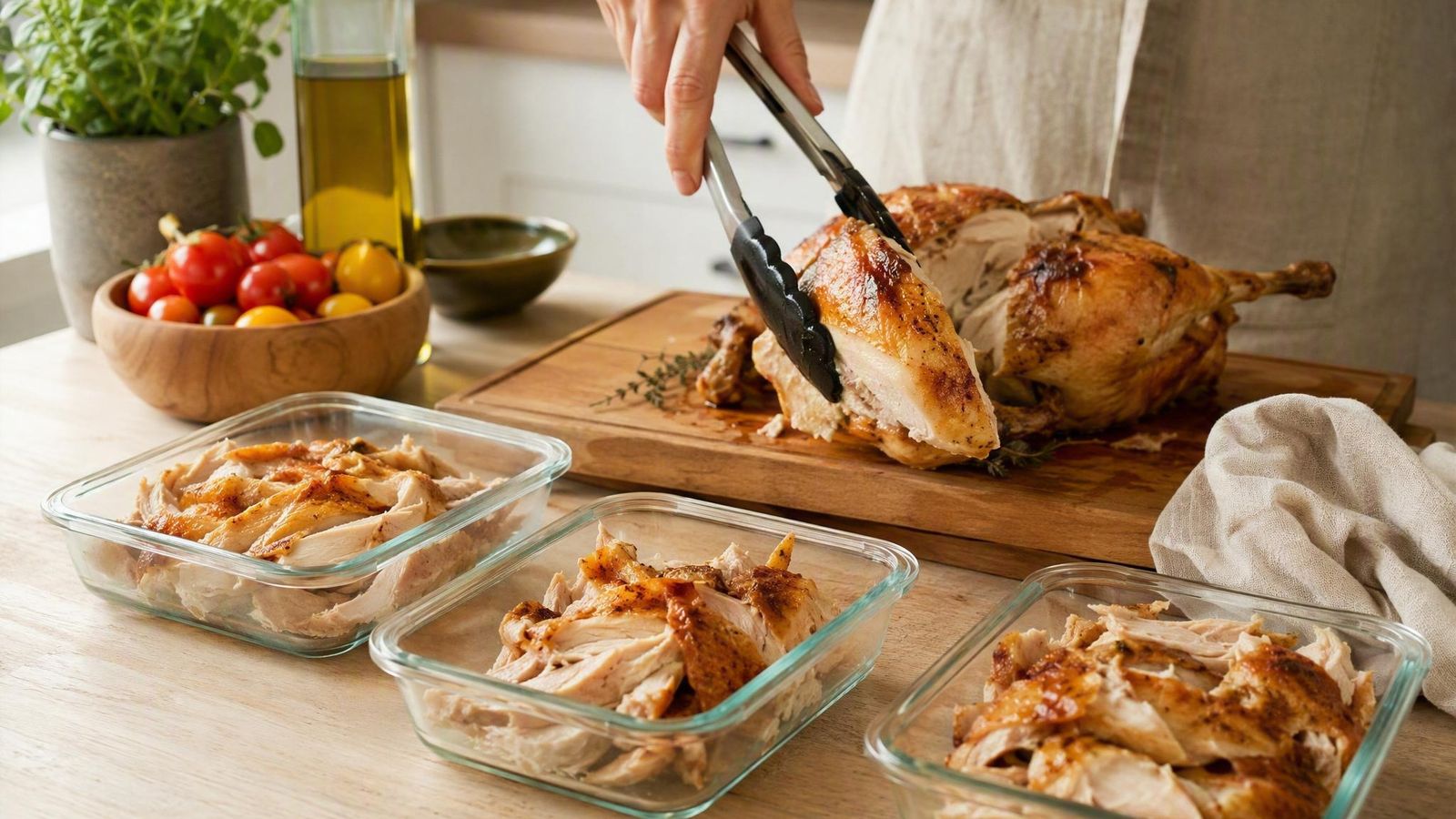 Cooked roast chicken being portioned into shallow glass containers with tongs