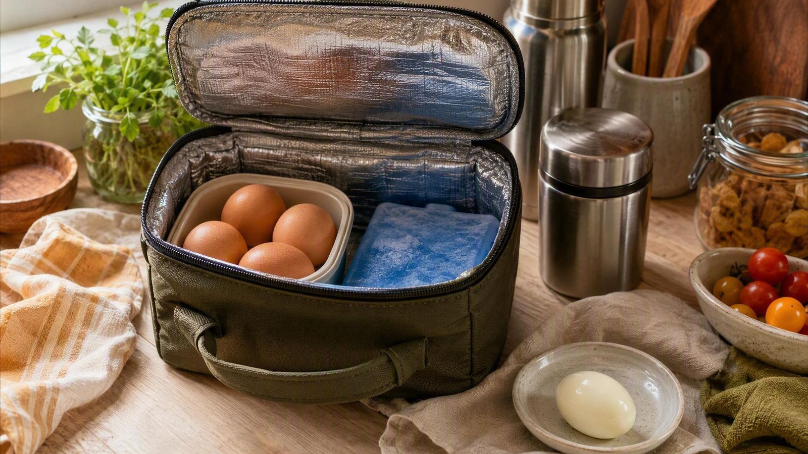Hard boiled eggs in a container going into an insulated bag with a gel pack, one peeled egg on a plate