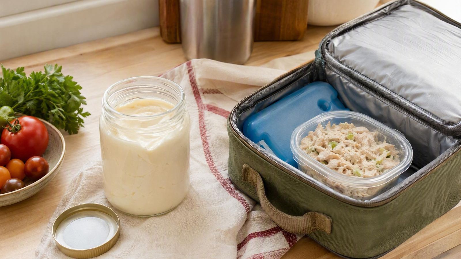 Plain mayonnaise jar next to a sealed chicken salad cup packed in a cooler bag with a gel pack