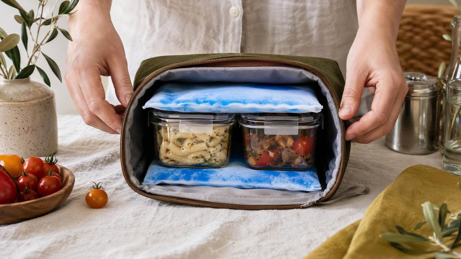 Insulated lunch bag packed with a gel pack below and above the food containers, being zipped shut