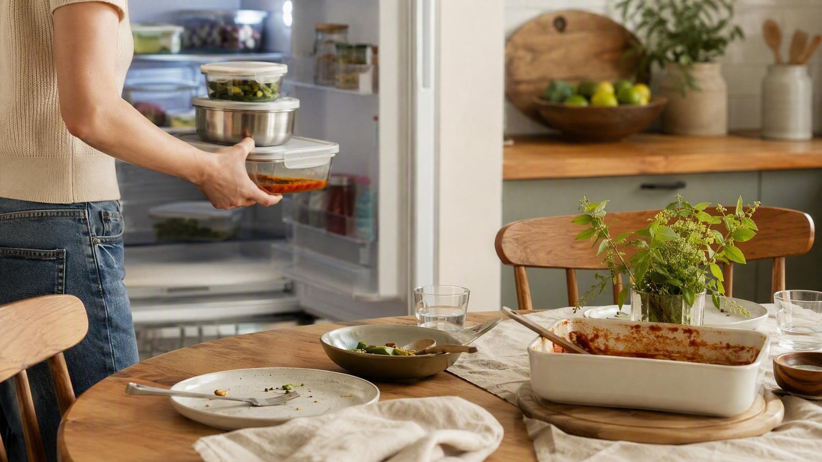 Sealed leftover containers being carried to an open refrigerator after a meal